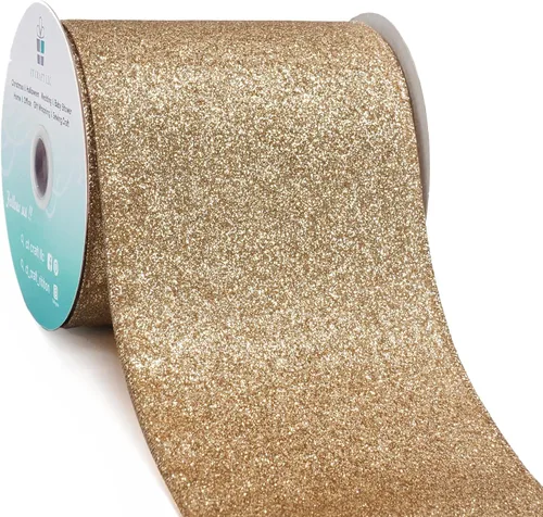 Miniatura 11 de Cinta de alambre con purpurina de 1,5" x 10 yardas dorada (oro champán) para decoración navideña del hogar, arcos, envoltorios de regalos