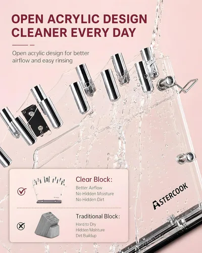 Miniatura 3 de Astercook Juego de cuchillos con bloque y afilador, juego de cuchillos de cocina de 22 piezas, apto para lavavajillas, bloque de cuchillos Rosa