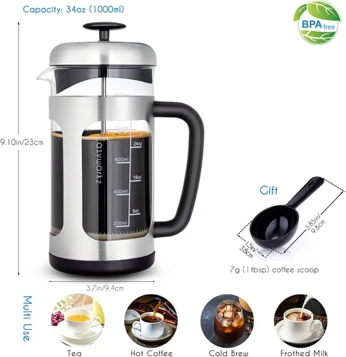 Miniatura 2 de Easyworkz Prensa francesa de acero inoxidable 34 oz Cafetera Tetera con mango de agarre suave Plateado