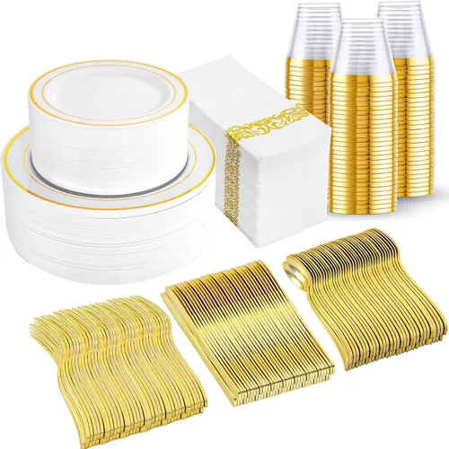 Miniatura 18 de Juego de vajilla dorada de 700 piezas, juego de vajilla desechable transparente para 100 invitados para fiestas, bodas, incluye: 200 platos Dorado