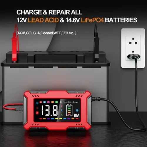 Miniatura 2 de Cargador de batería de coche de 10 A con pantalla LCD grande para plomo ácido de 12 V y LiFePO4 de 14.6 V, mantenedor de batería automático