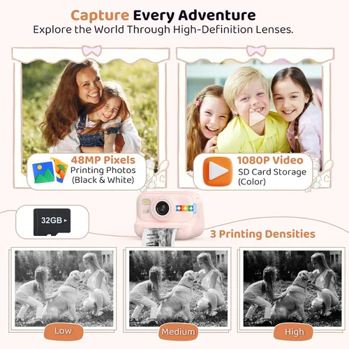 Miniatura 6 de Cámara de impresión instantánea para niños, regalos de cumpleaños para niñas y niños de 3 a 12 años, cámara de video 1080P para niños, ideas