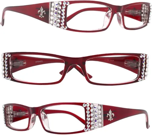 Miniatura 5 de The French, (Bling) Fleur De Lis Women Reading Glasses Adorned with (Clear + Aurora Borealis) Austrian Crystals, Magnifying (Transparent Red)