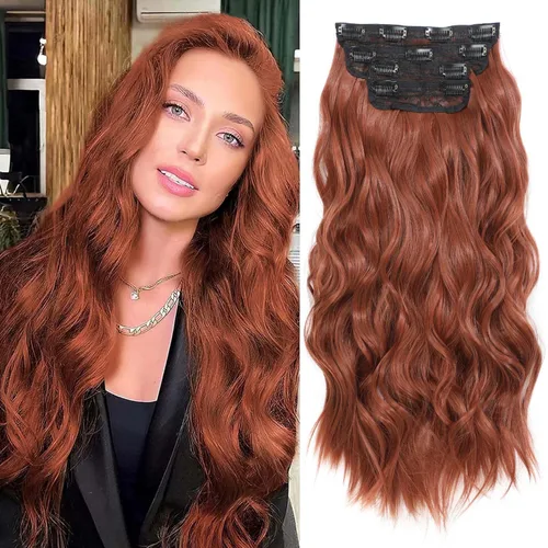 Miniatura 13 de 4 piezas de extensiones de cabello rizado con clip, color dorado oscuro, mezcla de rubio beige, sintético de 20 pulgadas de largo, extensiones