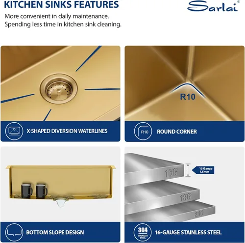 Miniatura 4 de Sarlai Fregadero de cocina empotrado de 30 pulgadas dorado - Fregadero de cocina de 76,2 cm x 45,7 cm con repisa para estación de trabajo de acero