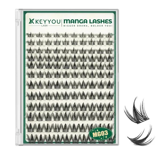 KEYYOU Lash Manga, racimos de pestañas de 0.315 a 0.709 pulgadas, extensiones de pestañas naturales para bricolaje con banda fina suave (MG03)