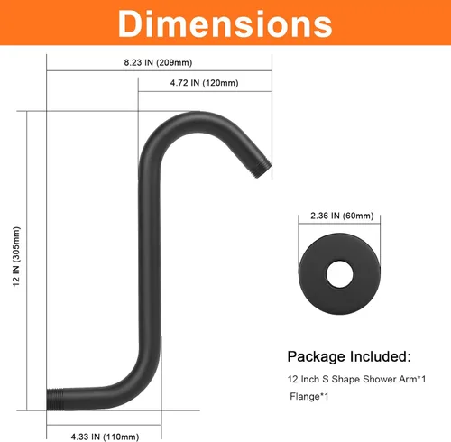 Miniatura 2 de Brazo de ducha en forma de S, tubo de extensión de cabezal de ducha de altura alta, conexión estándar de 1/2 pulgada con brida, impresionante Negro