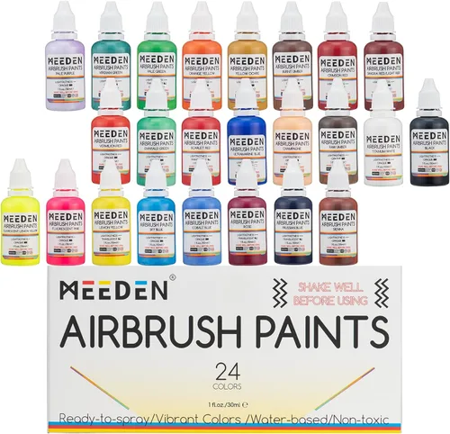 MEEDEN Juego de pintura para aerógrafo: 24 colores x 1.0 fl oz pintura acrílica, lista para pulverizar, kit de pintura de pincel de aire a base de