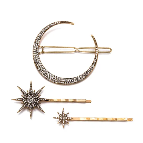 Pinzas de pelo vintage con diamantes de imitación, diseño de luna, copo de nieve, estrella, pasadores de aleación, horquilla lateral, accesorios