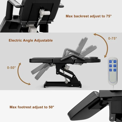 Miniatura 4 de SyyBhb Silla de tatuaje de cama de spa totalmente eléctrica negra, mesa facial con 3 motores con bolsillo de almacenamiento, respaldo de 21 a 28