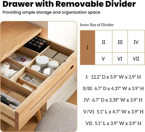 Miniatura 5 de Escritorio compacto de madera maciza con organizador de cajones, bordes redondeados y fácil montaje para espacios pequeños, mesa de maquillaje