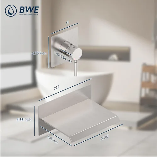 Miniatura 7 de BWE Grifo de bañera de montaje en pared dorado cepillado de una sola manija grifo de bañera moderno con válvula empotrada llenador de alto flujo