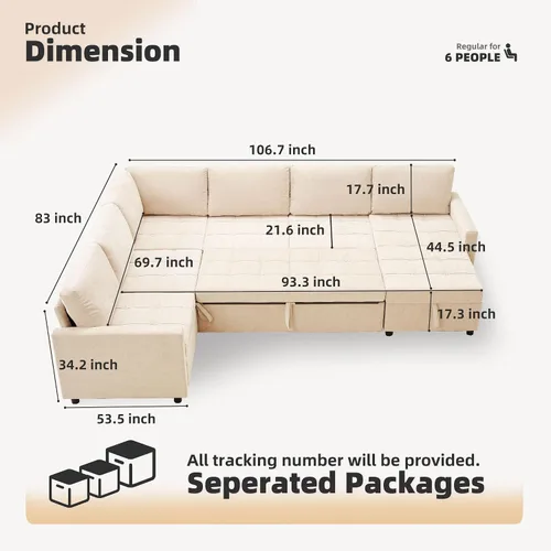 Miniatura 2 de Sofá cama modular de 107 pulgadas, juego de piezas modulares con cama extraíble, sofá modular en forma de U con almacenamiento, sofás de asiento