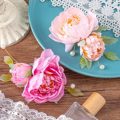 Miniatura 7 de HINZIC 2 pinzas para el pelo de flores de seda para mujeres, broches de flores 2 en 1, pasadores para el cabello con perlas florales para mujeres