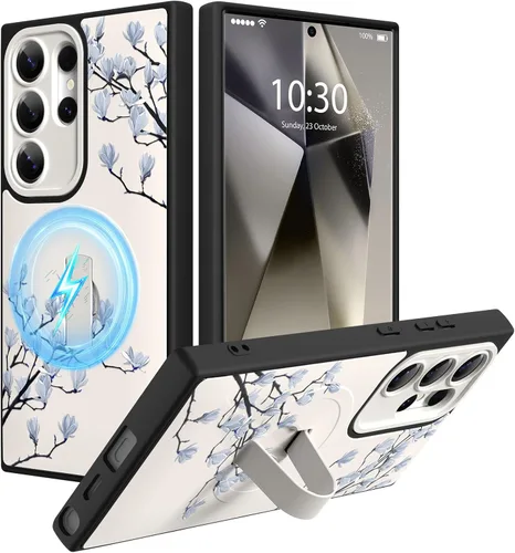 Miniatura 14 de Funda magnética compatible con Samsung Galaxy S25 Ultra para mujeres y hombres, estética flor de durazno, correa de muñeca ajustable incorporada