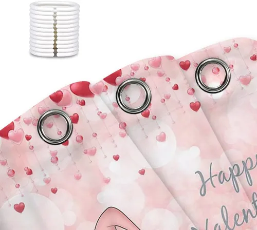 Miniatura 7 de NYMB Cortina de ducha de San Valentín con corazón rosa, romántica con purpurina y lindo gnomo en caída romántica de corazones rojos, cortina
