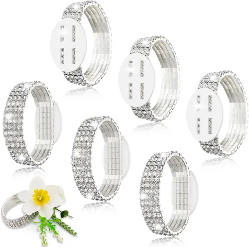 Junkin 6 pulseras de ramillete con diamantes de imitación, elásticas, para decoración de bodas, bailes de graduación, aniversario (plateado)