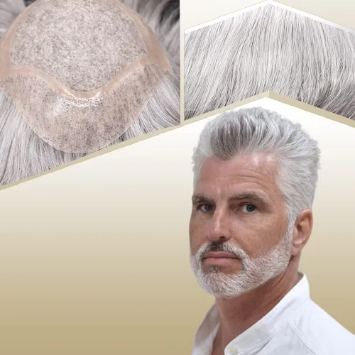 Miniatura 22 de Sistema de reemplazo de cabello humano para hombre, tupé para hombre, piel fina con parte superior de encaje mono y la parte trasera de poliuretano