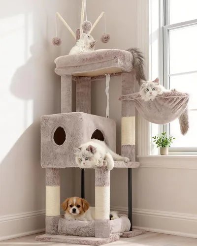 Miniatura 11 de Heybly Árbol de Gato con Cepillo Auto-Limpieza, Torre de Gato para Interior con Nido Acolchado, Casa de Gato con Cesta, Tabla de Rascar y Poste