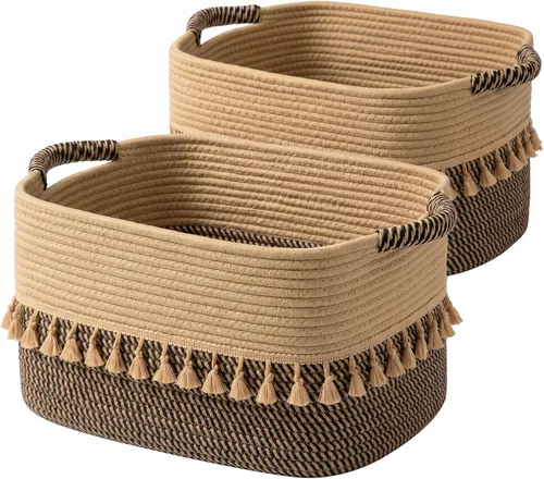 TeoKJ Set of 2 Baskets for Organizing, Decorative Rope Baskets for Storage, Storage for Pets, books, Pillows, Toys & Cloths, Black & Jute