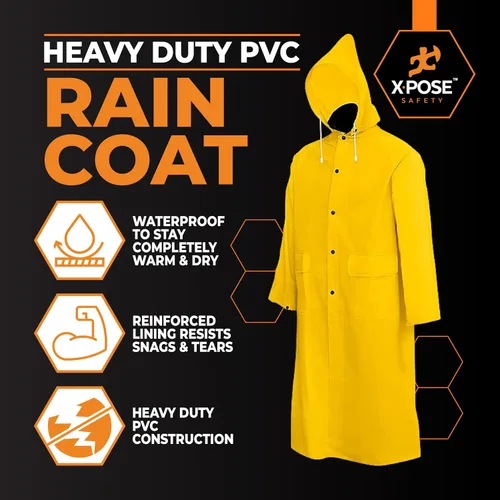 Miniatura 3 de Xpose Safety Chaqueta impermeable amarilla resistente de 0.014 in PVC 48in con capucha desmontable, impermeable, pesca