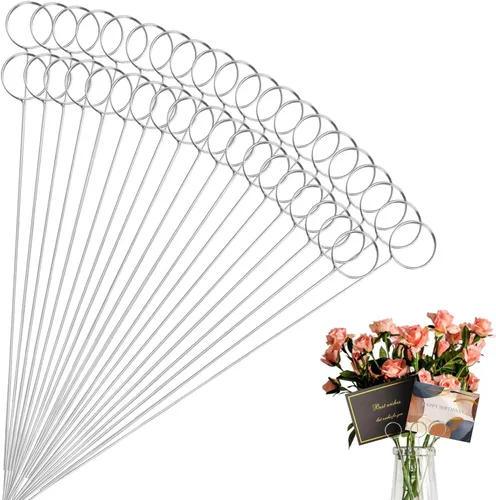 60 púas florales de alambre de metal de 13 pulgadas, soporte de tarjeta de alambre de metal para nombre, clips de fotos, soporte redondo para