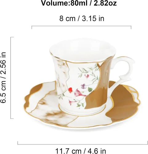 Miniatura 6 de fanquare Juego de 6 mini tazas de café de 2.7 onzas para expreso, tazas de té de porcelana floral con patrón de mármol, tazas y platillos