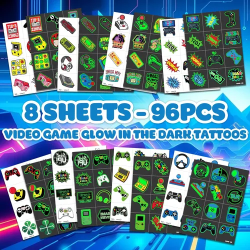 Miniatura 3 de 96 piezas de tatuajes de videojuegos que brillan en la oscuridad para niños, calcomanías de tatuajes falsos temporales luminosos para niños, Luminous