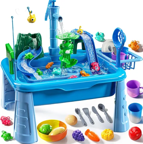 Miniatura 9 de JUKUDAHU Mesa de Agua y Fregadero de Juego para Niños de 2, 3, 4, 5, 6 Años de Edad - Cocina al Aire Libre con Agua Corriente, Juegos de Pesca, Mesa