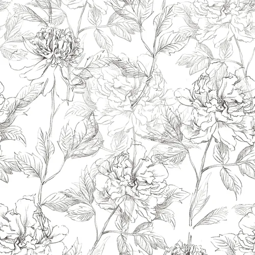 Miniatura 8 de JiffDiff Papel tapiz floral en blanco y negro con peonías removibles para despegar y pegar, papel de pared con diseño de flores esbozado