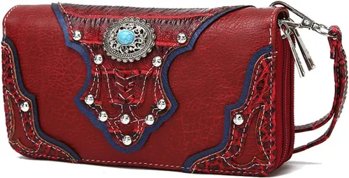 Miniatura 2 de Conchos tachonado cocodrilo corte láser vaquera Western monedero mujer cartera cartera, Borgoña, Cartera de pulsera estilo occidental para mujer