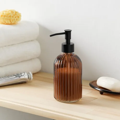 Miniatura 5 de Juego de 4 accesorios de baño de vidrio pesado con patrón decorativo prensado, incluye dispensador de jabón de mano, vaso, jabonera y soporte
