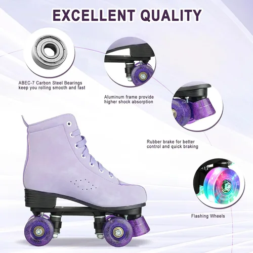 Miniatura 4 de YYW Patines de ruedas para mujeres y niñas, zapatos de tacón alto, patines de dos filas, brillantes, de cuatro ruedas, unisex, de piel sintética