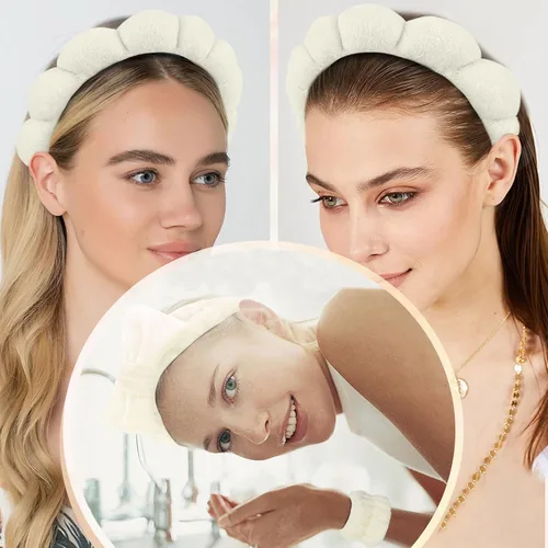 Miniatura 7 de 6 Piezas Diademas Esponjosas para Spa y Muñequeras, Beige, Diadema para Lavar la Cara y Cuidado de la Piel, Diadema Absorbente para Ducha, Yoga
