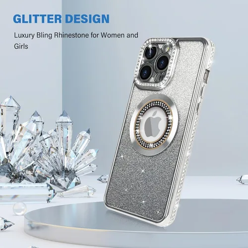 Miniatura 3 de Losin Funda magnética compatible con iPhone 15 Pro Max con purpurina compatible con MagSafe Funda de lujo con diamantes de imitación con logotipo