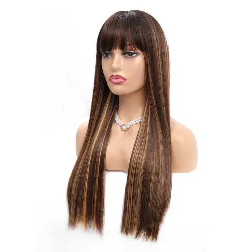 Pelucas rubias con reflejos para mujer, peluca larga y lacia con flequillo, cabello Remy suave y sedoso, resistente al calor, pelucas de fibra
