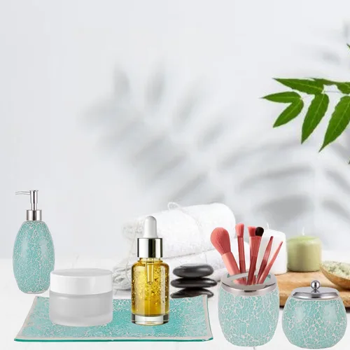 Miniatura 9 de Escenzy - Elegantes conjunto de accesorios de baño verde 4 piezas Lujoso dispensador de jabón de vidrio, soporte para cepillo de dientes, frasco
