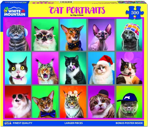 Miniatura 2 de White Mountain Rompecabezas de 500 piezas divertido collage de gatos con piezas grandes, regalo para adultos de 18 x 24 pulgadas, retratos de gatos