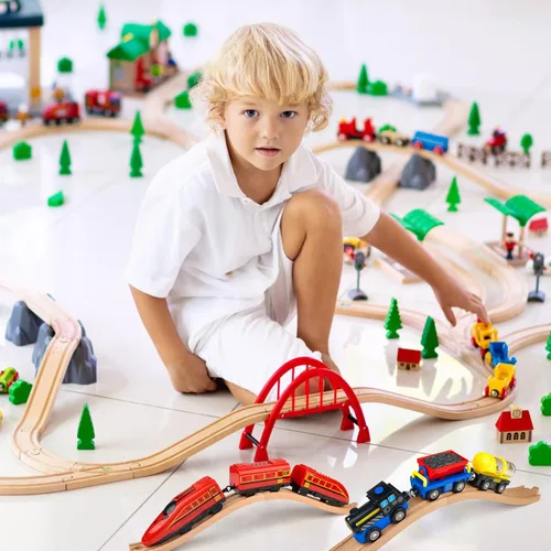 Miniatura 5 de 6 vías de tren de madera ascendentes de expansión compatibles con la mayoría de las vías de tren, conectores de vía de tren de madera para niñas