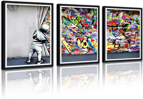 Miniatura 59 de 3 Piezas de Arte de Pared Banksy en Lienzo, Póster de Graffiti, Decoración de Pared con Citas Inspiradoras, Nunca Te Rindas, Obras de Arte para Sala