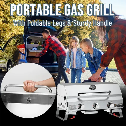 Miniatura 9 de Parrilla de Gas de Mesa 3 Quemadores, Parrilla de Propano Portátil para Barbacoa con Patas Plegables para Barbacoa al Aire Libre, Patio, Jardín