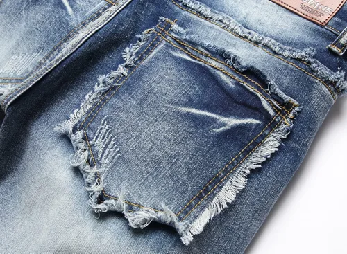 Miniatura 5 de XIMXIMMTIAN Jeans rectos de motociclista para hombre, desgastados, desgastados, ajustados, rectos