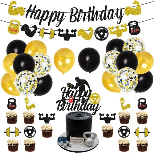 Decoraciones de fiesta de cumpleaños para gimnasio, decoraciones de fiesta temática de fitness negro y dorado para hombres, suministros de fiesta