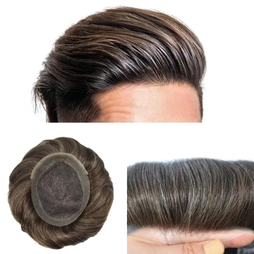Miniatura 43 de LYRICAL HAIR Sistema de cabello humano Remy de encaje francés súper fino para hombre, piel de poliéster transparente alrededor de las pelucas, tupé