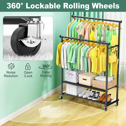 Miniatura 6 de Perchero de doble barra para colgar ropa, perchero de ropa resistente con ruedas, percheros de ropa independientes con estante inferior Oxford