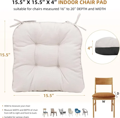 Miniatura 3 de RACE LEAF Cojines para sillas de comedor, paquete de 4 unidades, almohadillas de espuma viscoelástica para sillas de cocina con lazos y respaldo