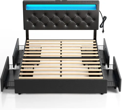 Miniatura 16 de Rolanstar Base de cama individual con estación de carga, cama LED con almacenamiento debajo de la cama, cabecera ajustable de 38.9/40.8 pulgadas,