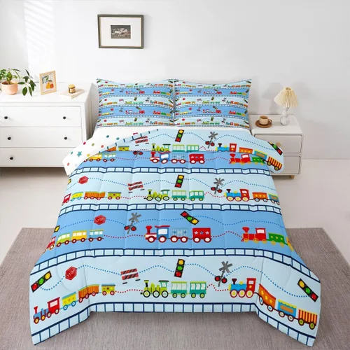Miniatura 30 de Erosebridal Juego de ropa de cama de tren de dibujos animados para niños y niños, edredón de plumón de vehículos para niños, decoración