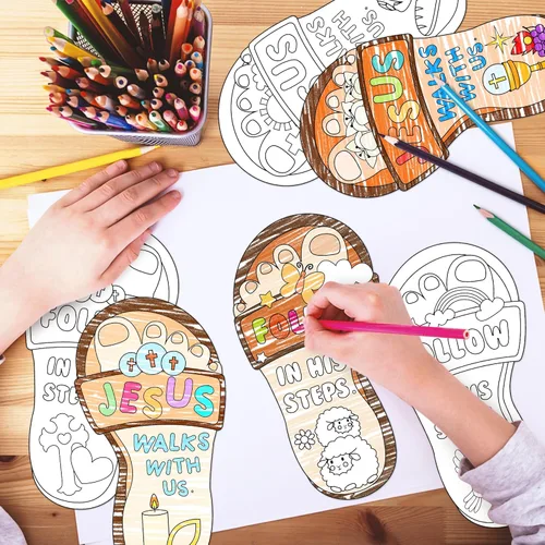 Miniatura 3 de Dvbonike 24 piezas de manualidades para escuela dominical para niños, colorea tu propio kit de manualidades "Jesús camina con nosotros" de huellas