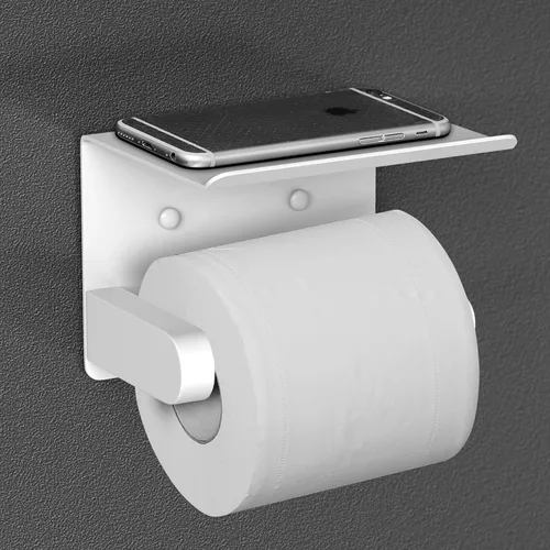 Miniatura 2 de VAEHOLD Soporte de papel higiénico autoadhesivo con estante para teléfono, soporte de rollo de papel higiénico montado en la pared de acero Blanco